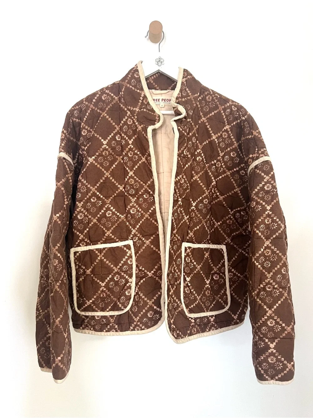 Free People Quilted Brown utility Jacket with Cream Trim - Picture 5 of 10